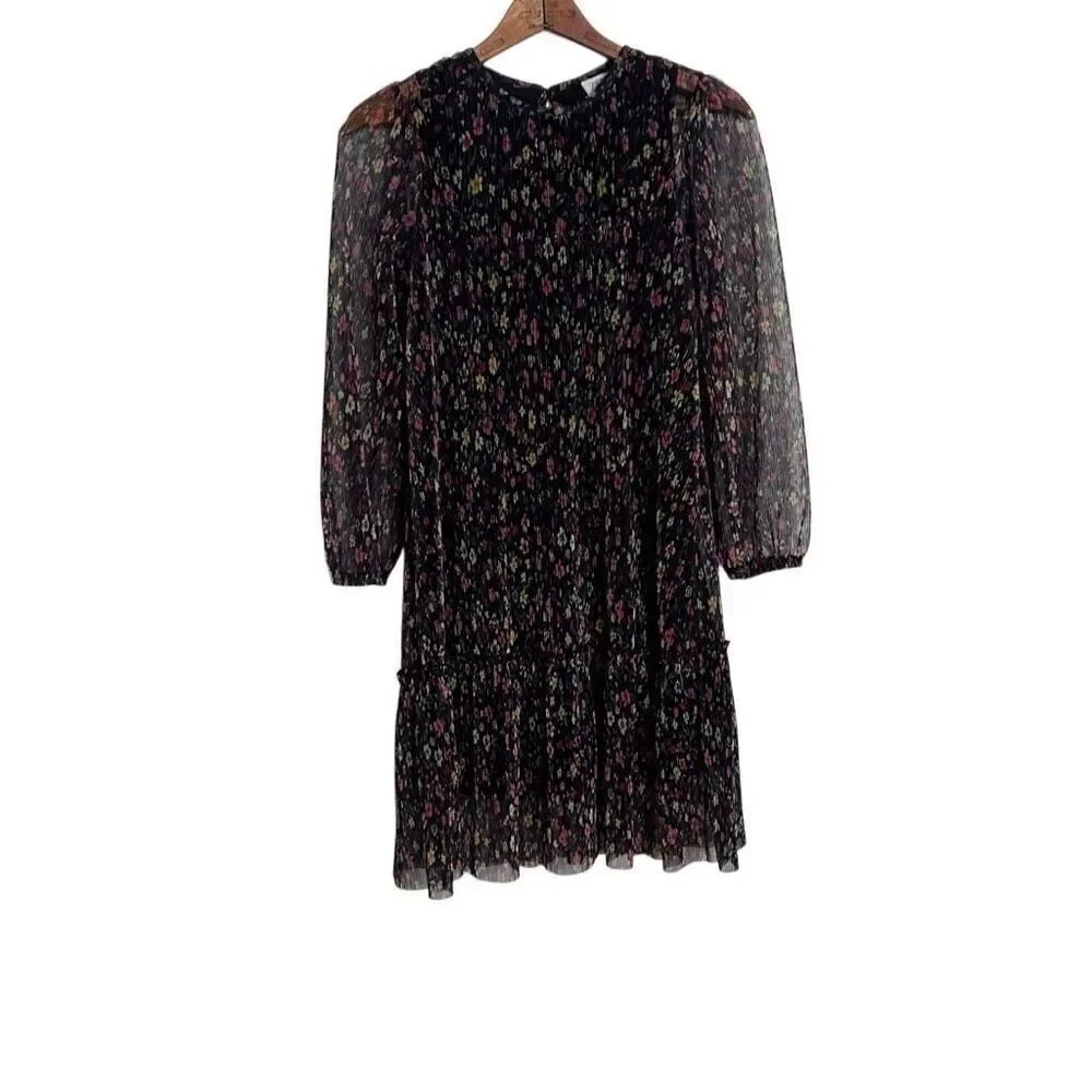 Zara Floral Pleated Sheer Sleeve Keyhole Back Tiered Mini Dress Black Size 11-12